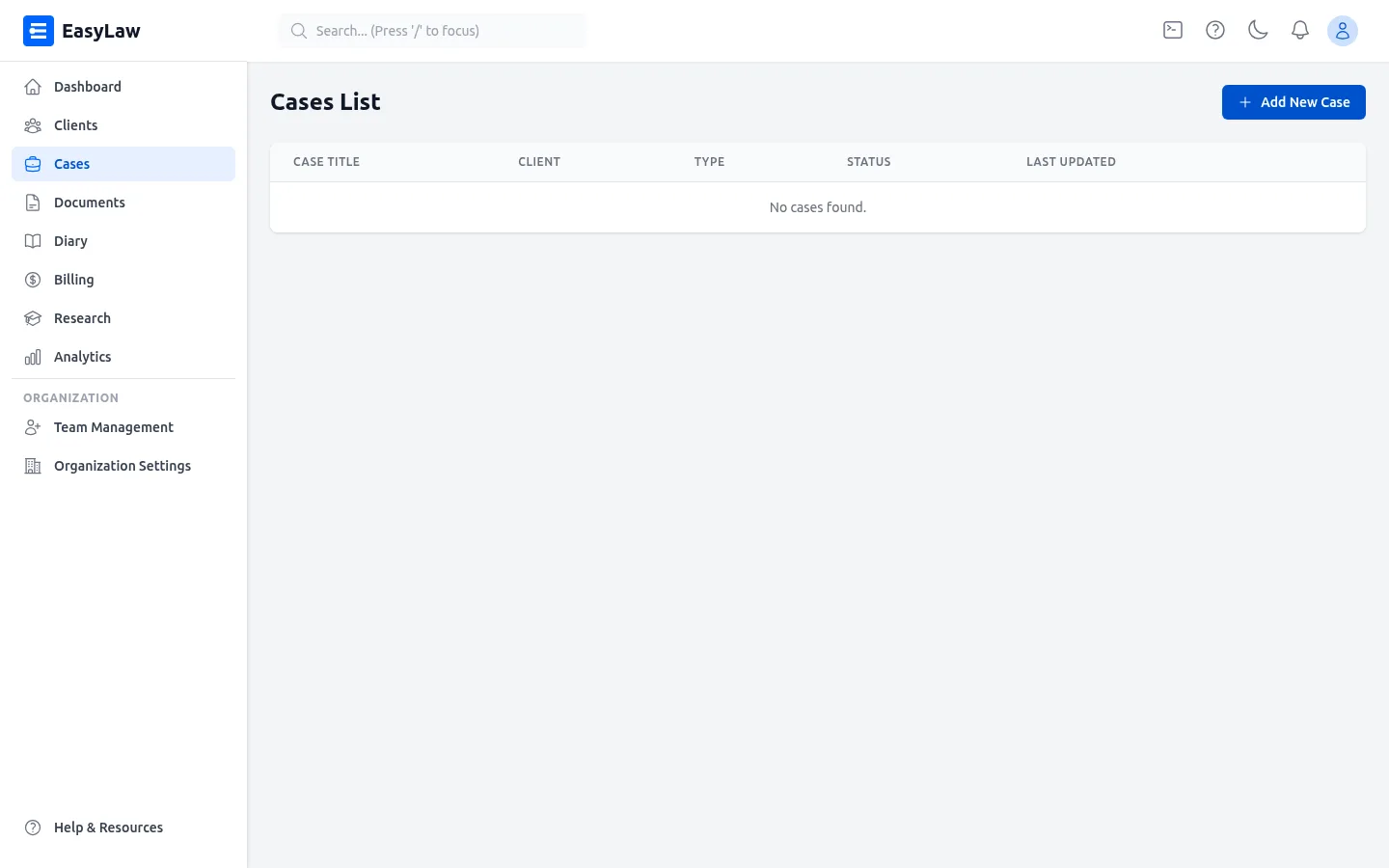 EasyLaw matter management showing case list with status and jurisdiction columns