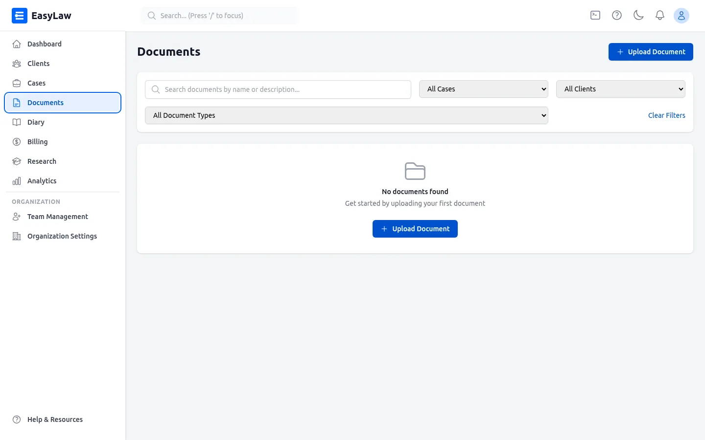 EasyLaw document management with folder tree, templates, and version history
