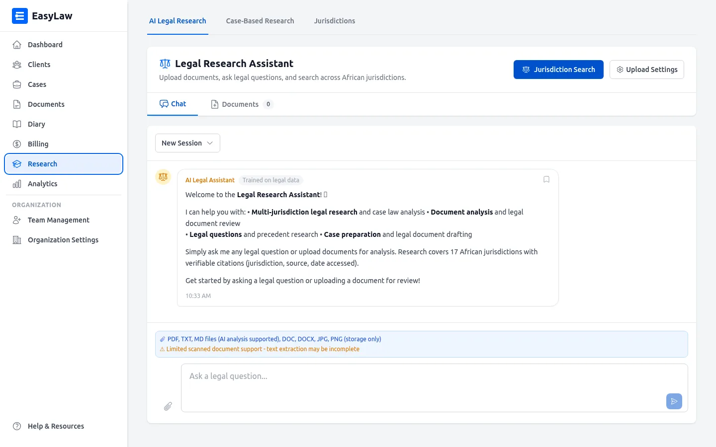 EasyLaw multi-jurisdiction legal research with jurisdiction selector showing Kenya, South Africa, and Nigeria